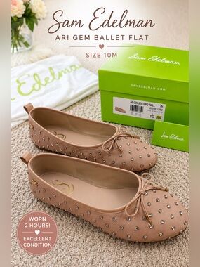 Sam Edelman Ari Gem Embellished Ballet Flats Blush Pink 10M | Rhinestone Bow